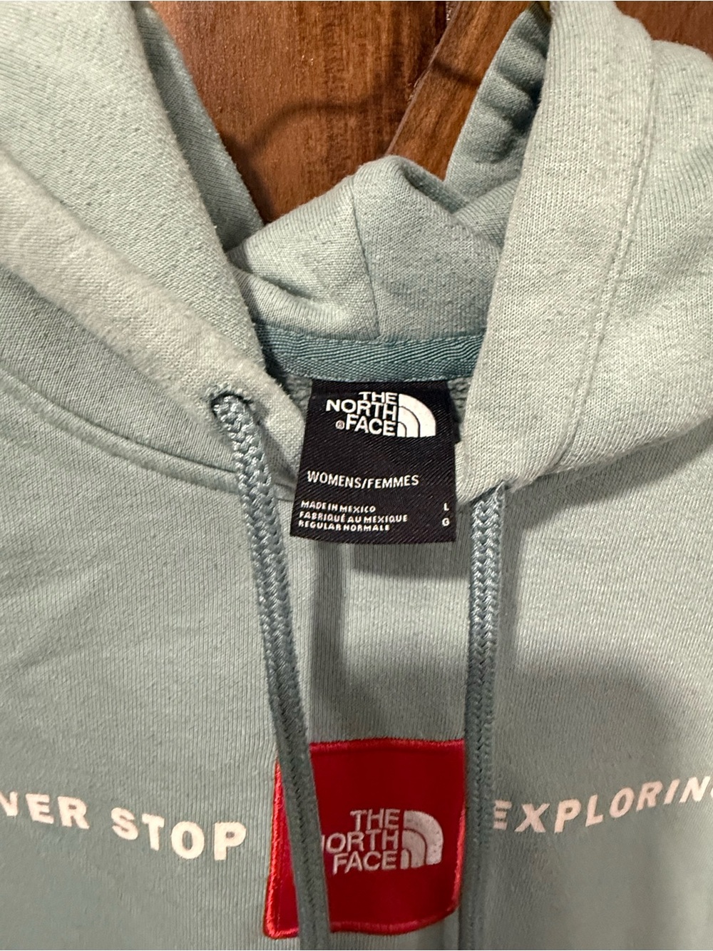The North Face light Teal- Green Hoodie with Red Logo Patch - Picture 6 of 7